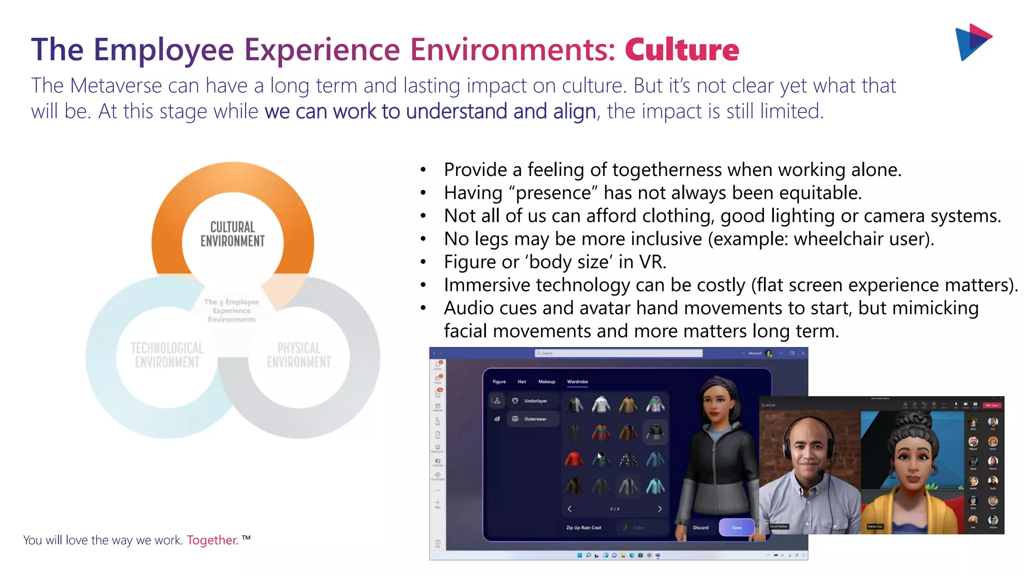 You will love the way we work. Together. ™
The Metaverse can have a long term and lasting impact on culture. But it’s not clear yet what that
will be. At this stage while we can work to understand and align, the impact is still limited.
The Employee Experience Environments: Culture
• Provide a feeling of togetherness when working alone.
• Having “presence” has not always been equitable.
• Not all of us can afford clothing, good lighting or camera systems.
• No legs may be more inclusive (example: wheelchair user).
• Figure or ‘body size’ in VR.
• Immersive technology can be costly (flat screen experience matters).
• Audio cues and avatar hand movements to start, but mimicking
facial movements and more matters long term.
 