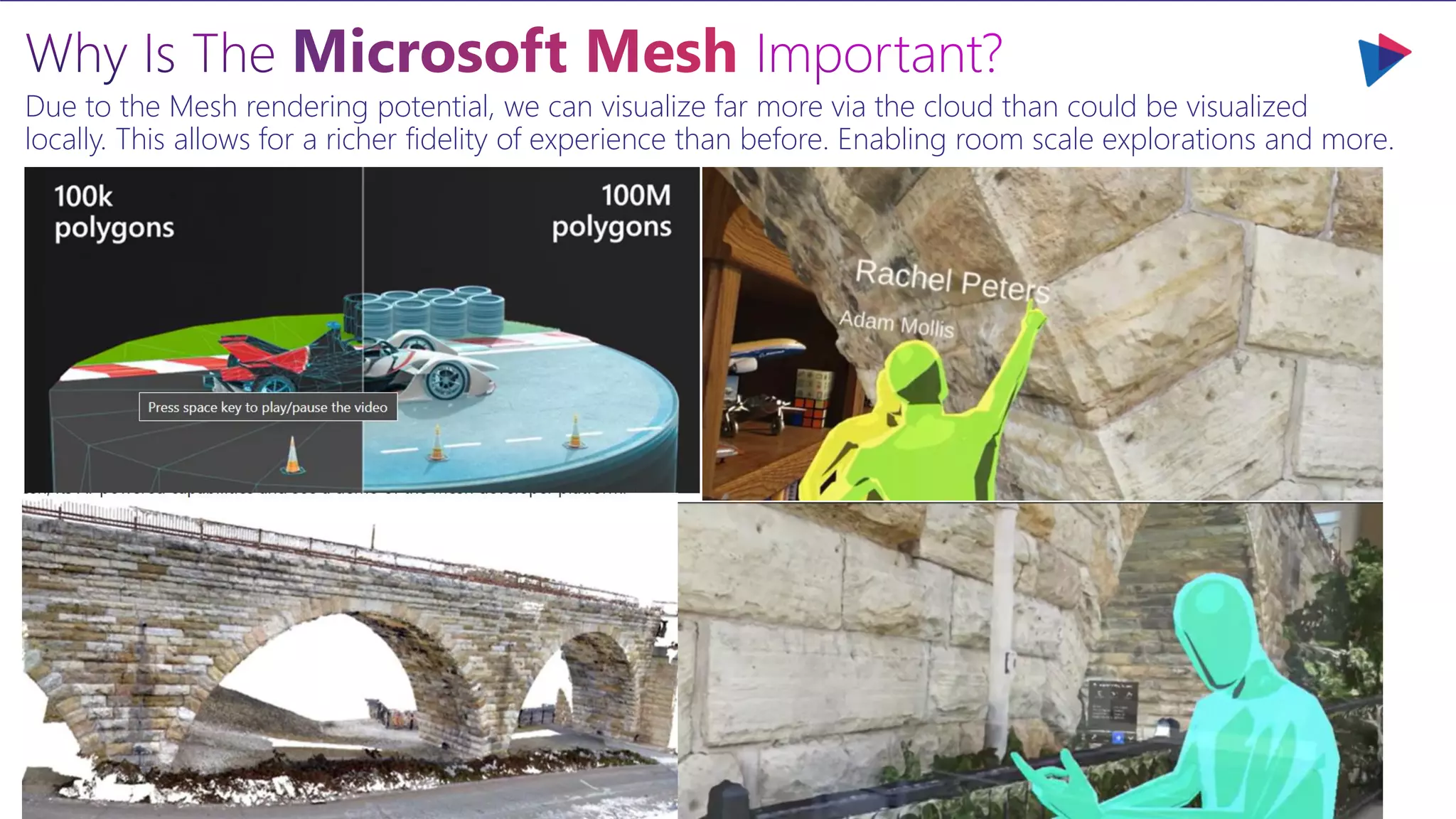 Why Is The Microsoft Mesh Important?
Due to the Mesh rendering potential, we can visualize far more via the cloud than could be visualized
locally. This allows for a richer fidelity of experience than before. Enabling room scale explorations and more.
 
