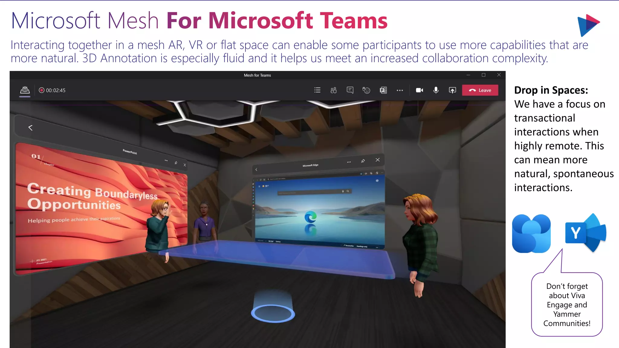 Microsoft Mesh For Microsoft Teams
Interacting together in a mesh AR, VR or flat space can enable some participants to use more capabilities that are
more natural. 3D Annotation is especially fluid and it helps us meet an increased collaboration complexity.
Drop in Spaces:
We have a focus on
transactional
interactions when
highly remote. This
can mean more
natural, spontaneous
interactions.
Don’t forget
about Viva
Engage and
Yammer
Communities!
 