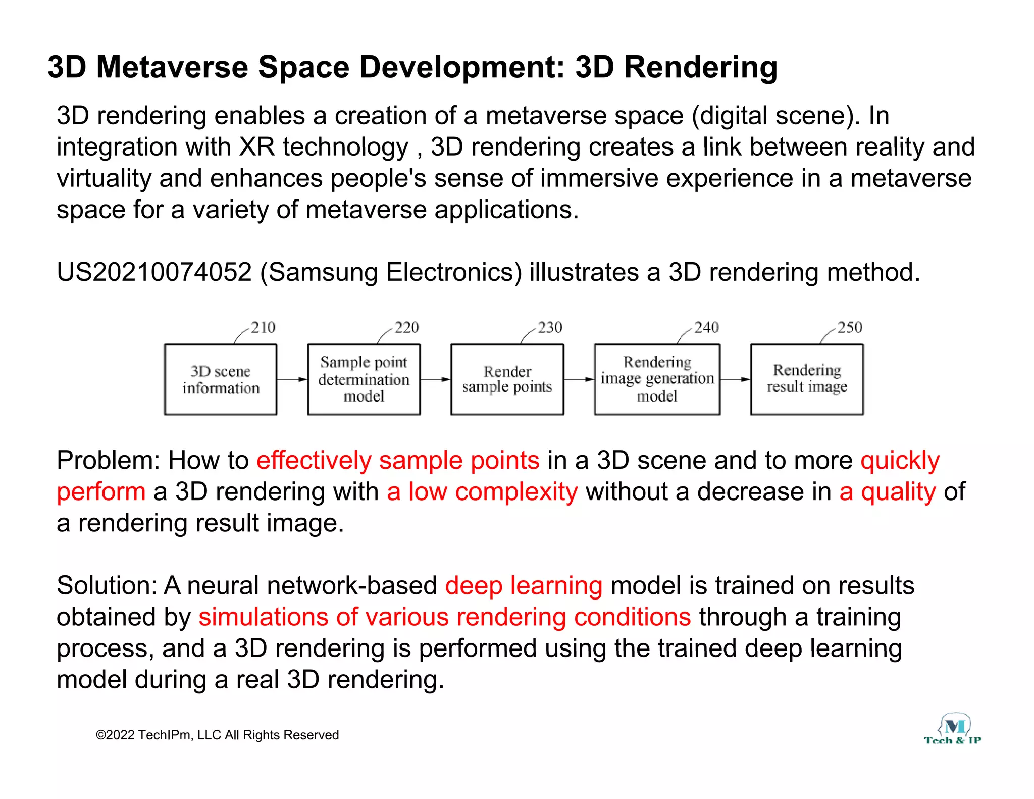3D Metaverse Space Development: 3D Rendering
3D rendering enables a creation of a metaverse space (digital scene). In
integration with XR technology 3D rendering creates a link between reality and
integration with XR technology , 3D rendering creates a link between reality and
virtuality and enhances people's sense of immersive experience in a metaverse
space for a variety of metaverse applications.
US20210074052 (Samsung Electronics) illustrates a 3D rendering method.
Problem: How to effectively sample points in a 3D scene and to more quickly
perform a 3D rendering with a low complexity without a decrease in a quality of
a rendering result image.
Solution: A neural network-based deep learning model is trained on results
obtained by simulations of various rendering conditions through a training
process and a 3D rendering is performed using the trained deep learning
©2022 TechIPm, LLC All Rights Reserved
process, and a 3D rendering is performed using the trained deep learning
model during a real 3D rendering.
 