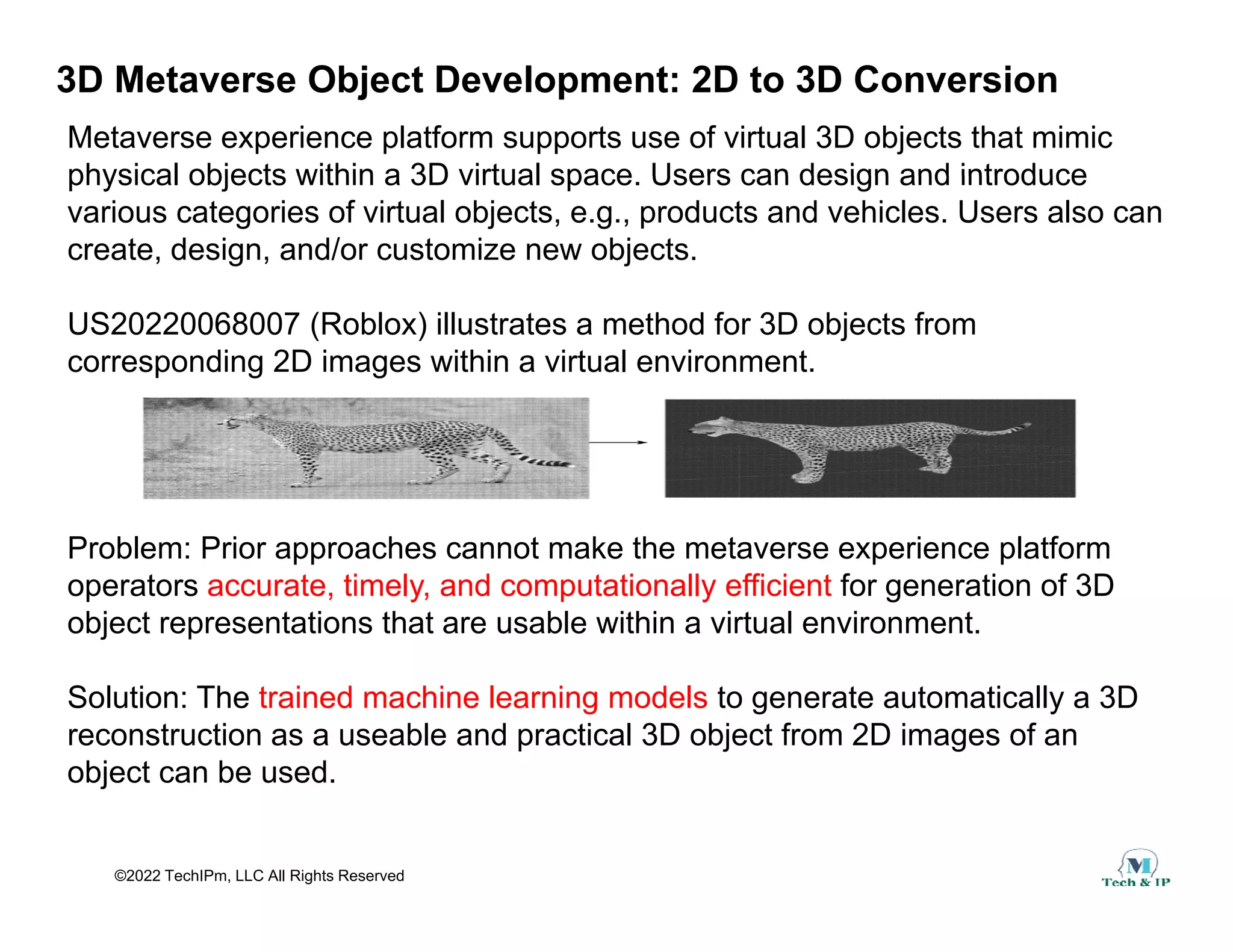 3D Metaverse Object Development: 2D to 3D Conversion
Metaverse experience platform supports use of virtual 3D objects that mimic
physical objects within a 3D virtual space Users can design and introduce
physical objects within a 3D virtual space. Users can design and introduce
various categories of virtual objects, e.g., products and vehicles. Users also can
create, design, and/or customize new objects.
US20220068007 (Roblox) illustrates a method for 3D objects from
corresponding 2D images within a virtual environment.
Problem: Prior approaches cannot make the metaverse experience platform
operators accurate, timely, and computationally efficient for generation of 3D
object representations that are usable within a virtual environment.
Solution: The trained machine learning models to generate automatically a 3D
reconstruction as a useable and practical 3D object from 2D images of an
object can be used
©2022 TechIPm, LLC All Rights Reserved
object can be used.
 