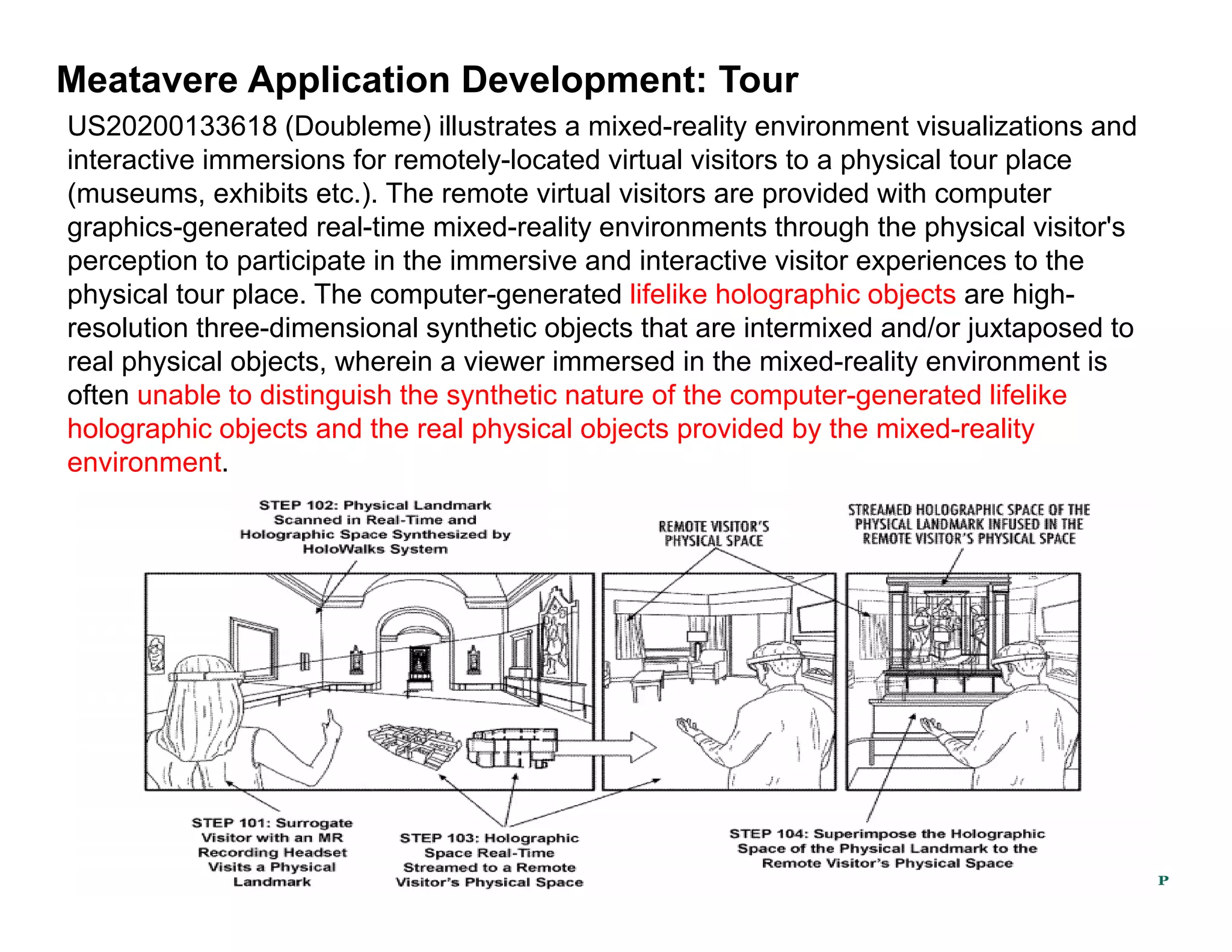 Meatavere Application Development: Tour
US20200133618 (Doubleme) illustrates a mixed-reality environment visualizations and
interactive immersions for remotely-located virtual visitors to a physical tour place
(museums, exhibits etc.). The remote virtual visitors are provided with computer
graphics-generated real-time mixed-reality environments through the physical visitor's
perception to participate in the immersive and interactive visitor experiences to the
physical tour place The computer-generated lifelike holographic objects are high-
physical tour place. The computer-generated lifelike holographic objects are high-
resolution three-dimensional synthetic objects that are intermixed and/or juxtaposed to
real physical objects, wherein a viewer immersed in the mixed-reality environment is
often unable to distinguish the synthetic nature of the computer-generated lifelike
holographic objects and the real physical objects provided by the mixed-reality
environment.
©2022 TechIPm, LLC All Rights Reserved
 
