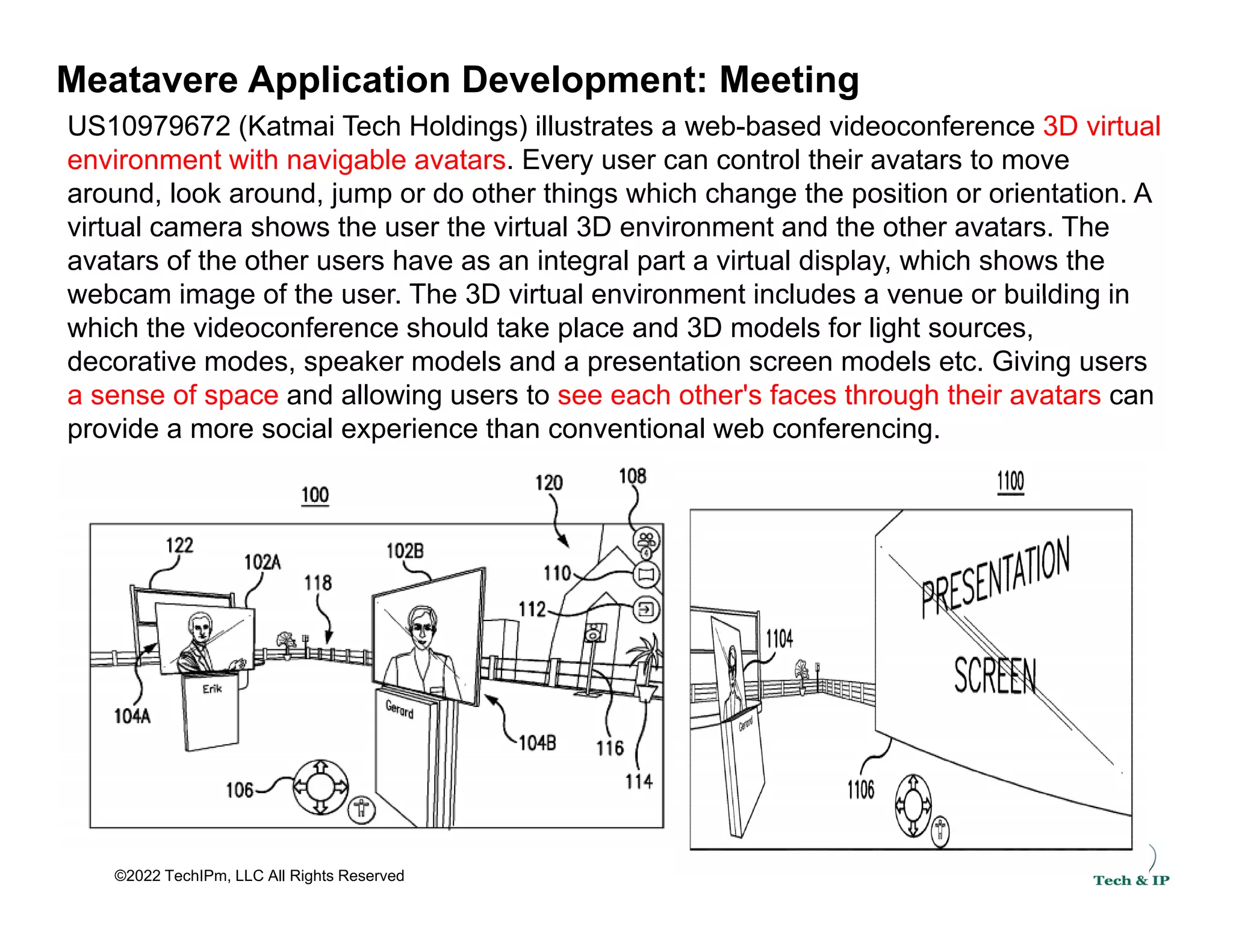 Meatavere Application Development: Meeting
US10979672 (Katmai Tech Holdings) illustrates a web-based videoconference 3D virtual
environment with navigable avatars. Every user can control their avatars to move
around, look around, jump or do other things which change the position or orientation. A
virtual camera shows the user the virtual 3D environment and the other avatars. The
avatars of the other users have as an integral part a virtual display, which shows the
webcam image of the user The 3D virtual environment includes a venue or building in
webcam image of the user. The 3D virtual environment includes a venue or building in
which the videoconference should take place and 3D models for light sources,
decorative modes, speaker models and a presentation screen models etc. Giving users
a sense of space and allowing users to see each other's faces through their avatars can
provide a more social experience than conventional web conferencing.
©2022 TechIPm, LLC All Rights Reserved
 