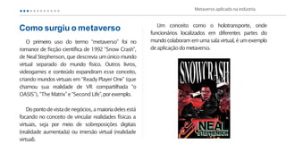 Como surgiu o metaverso
O primeiro uso do termo “metaverso” foi no
romance de ficção científica de 1992 “Snow Crash”,
de Neal Stephenson, que descrevia umúnico mundo
virtual separado do mundo físico. Outros livros,
videogames e conteúdo expandiram esse conceito,
criando mundos virtuais em “Ready Player One” (que
chamou sua realidade de VR compartilhada “o
OASIS”),“The Matrix”e “Second Life”,porexemplo.
Dopontodevistadenegócios,amaioriadelesestá
focando no conceito de vincular realidades físicas a
virtuais, seja por meio de sobreposições digitais
(realidade aumentada) ou imersão virtual (realidade
virtual).
Metaverso aplicado naindústria
Um conceito como o holotransporte, onde
funcionários localizados em diferentes partes do
mundocolaboramemumasala virtual,é umexemplo
deaplicaçãodometaverso.
 