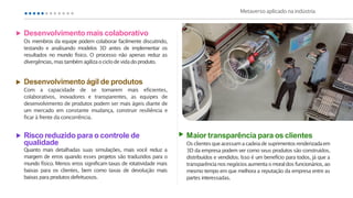 Metaverso aplicado naindústria
Maior transparência para os clientes
Osclientesqueacessamacadeiadesuprimentosrenderizadaem
3D da empresa podem ver como seus produtos são construídos,
distribuídos e vendidos. Isso é um benefício para todos, já que a
transparêncianosnegóciosaumentaomoraldos funcionários,ao
mesmo tempo em que melhora a reputação da empresa entre as
partes interessadas.
Desenvolvimento ágil de produtos
Com a capacidade de se tornarem mais eficientes,
colaborativos, inovadores e transparentes, as equipes de
desenvolvimento de produtos podem ser mais ágeis diante de
um mercado em constante mudança, construir resiliência e
ficar à frente da concorrência.
Desenvolvimento mais colaborativo
Os membros da equipe podem colaborar facilmente discutindo,
testando e analisando modelos 3D antes de implementar os
resultados no mundo físico. O processo não apenas reduz as
divergências,mastambémagilizaociclode vidadoproduto.
Quanto mais detalhadas suas simulações, mais você reduz a
margem de erros quando esses projetos são traduzidos para o
mundo físico. Menos erros significam taxas de rotatividade mais
baixas para os clientes, bem como taxas de devolução mais
baixas para produtosdefeituosos.
Risco reduzido para o controle de
qualidade
 
