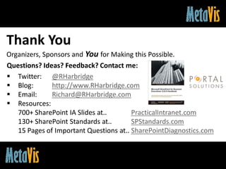 Thank You
Organizers, Sponsors and You for Making this Possible.
Questions? Ideas? Feedback? Contact me:
 Twitter: @RHarbridge
 Blog:        http://www.RHarbridge.com
 Email:       Richard@RHarbridge.com
 Resources:
   700+ SharePoint IA Slides at..       PracticalIntranet.com
   130+ SharePoint Standards at..       SPStandards.com
   15 Pages of Important Questions at.. SharePointDiagnostics.com


#SPSocial @RHarbridge
 