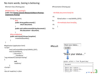 No more words, Seeing is believing:
 #Domain Class (Posting.java)                                 #Presentation (Posting.ejs)

 @Table(name = “fb_posting”)
 public class Posting extends MetaworksObject<IPosting>        <%=fields.document.here() %>
 implements IPosting{
                                                              <%
        String document;                                             if(mw3.when == mw3.WHEN_EDIT){
                @Id                                           %>
                public String getDocument() {                        <%=methods.share.here()%>
                        return document;                      <%
                }                                                    }
                public void setDocument(String document) {    %>
                        this.document = document;
                }
        @ServiceMethod
        public void share() throws Exception{
                createDatabaseMe();
        }
 }

#Application (application.html)                              #Result
<script>
        mw3.setContextWhen(mw3.WHEN_EDIT);
        mw3.locateObject(
             { document:"",
               __className:
"org.metaworks.example.Posting”
},
               null,
               'newEntry’
        );
</script>
...
<div id=‘newEntry’></div>
 