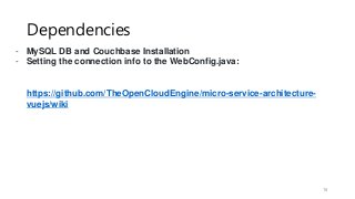 Dependencies
18
- MySQL DB and Couchbase Installation
- Setting the connection info to the WebConfig.java:
https://github.com/TheOpenCloudEngine/micro-service-architecture-
vuejs/wiki
 