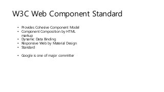 W3C Web Component Standard
• Provides Cohesive Component Model
• Component Composition by HTML
markup
• Dynamic Data Binding
• Responsive Web by Material Design
• Standard
• Google is one of major committer
 