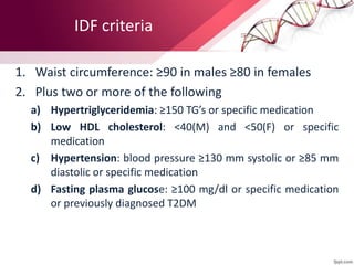 IDF criteria
1. Waist circumference: ≥90 in males ≥80 in females
2. Plus two or more of the following
a) Hypertriglyceridemia: ≥150 TG’s or specific medication
b) Low HDL cholesterol: <40(M) and <50(F) or specific
medication
c) Hypertension: blood pressure ≥130 mm systolic or ≥85 mm
diastolic or specific medication
d) Fasting plasma glucose: ≥100 mg/dl or specific medication
or previously diagnosed T2DM
 