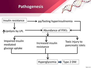 Pathogenesis
Impaired insulin
mediated
glucose uptake
Toxic injury to
pancreatic islets
Increased insulin
resistance
Hyperglycemia Type 2 DM
Insulin resistance pp/fasting hyperinsulinemia
Lipolysis by LPL Abundance of FFA’s
 