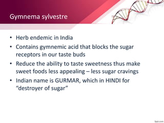 Gymnema sylvestre
• Herb endemic in India
• Contains gymnemic acid that blocks the sugar
receptors in our taste buds
• Reduce the ability to taste sweetness thus make
sweet foods less appealing – less sugar cravings
• Indian name is GURMAR, which in HINDI for
“destroyer of sugar”
 