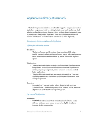 Appendix: Summary of Solutions


  The following recommendations are offered to support a comprehensive urban
agriculture program and build on existing initiatives currently under way. Each
solution is placed according to the term (short, medium, long) that we anticipate
is most realistic for getting it under way. Thus, this framework expresses the
likeliest time horizon for each solution, rather than its order of priority.

Infrastructure for Accessing Spaces for Production

Official plan and zoning bylaws

Short term
       •      The Parks, Forestry and Recreation Department should develop a
              flexible approach to food production in open spaces, acknowledging that
              broad public objectives can be served by private production in public
              spaces.

Medium term
       •      The City of Toronto should develop a coordinated and funded program
              to lighten the burden on urban farmers and community organizations
              seeking temporary-use permits, minor variances, or interim control
              bylaw applications.
       •      The City of Toronto should add language in future Official Plans and
              zoning bylaws to permit community gardening and fruit trees in most
              zoning designations.

Long term
       •      Future Official Plans and zoning bylaws should include an Urban
              Agricultural and Garden zoning designation, allowing for the possibility
              of permanent protection for food-growing spaces.

Agricultural land taxation

Short term
       •      OMAFRA should examine whether small-scale urban farms need a
              different minimum gross annual income to be eligible for a Farm
              Business Registration number.



Scaling up Urban Agriculture in Toronto: Building the Infrastructure                  57
 