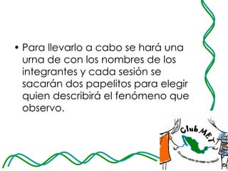 Para llevarlo a cabo se hará una urna de con los nombres de los integrantes y cada sesión se sacarán dos papelitos para elegir quien describirá el fenómeno que observo.  