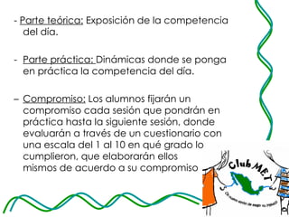 -  Parte teórica:  Exposición de la competencia del día.  Parte práctica:  Dinámicas donde se ponga en práctica la competencia del día. Compromiso:  Los alumnos fijarán un compromiso cada sesión que pondrán en práctica hasta la siguiente sesión, donde evaluarán a través de un cuestionario con una escala del 1 al 10 en qué grado lo  cumplieron, que elaborarán ellos  mismos de acuerdo a su compromiso 