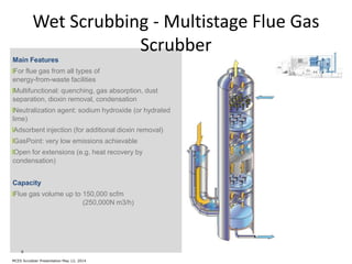 9
Wet Scrubbing - Multistage Flue Gas
Scrubber
Main Features
For flue gas from all types of
energy-from-waste facilities
Multifunctional: quenching, gas absorption, dust
separation, dioxin removal, condensation
Neutralization agent: sodium hydroxide (or hydrated
lime)
Adsorbent injection (for additional dioxin removal)
GasPoint: very low emissions achievable
Open for extensions (e.g. heat recovery by
condensation)
Capacity
Flue gas volume up to 150,000 scfm
(250,000N m3/h)
MCES Scrubber Presentation May 12, 2014
 