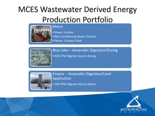 MCES Wastewater Derived Energy
Production Portfolio
Metro
•Steam Turbine
•Non-Condensing Steam Turbine
•Steam Campus Heat
Blue Lake – Anaerobic Digestion/Drying
•420 CFM Digester Gas to drying
Empire – Anaerobic Digestion/Land
Application
•140 CFM Digester Gas to Boilers
 