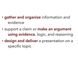 • gather and organize information and
evidence
• support a claim or make an argument
using evidence, logic, and reasoning
• design and deliver a presentation on a
speciﬁc topic
 