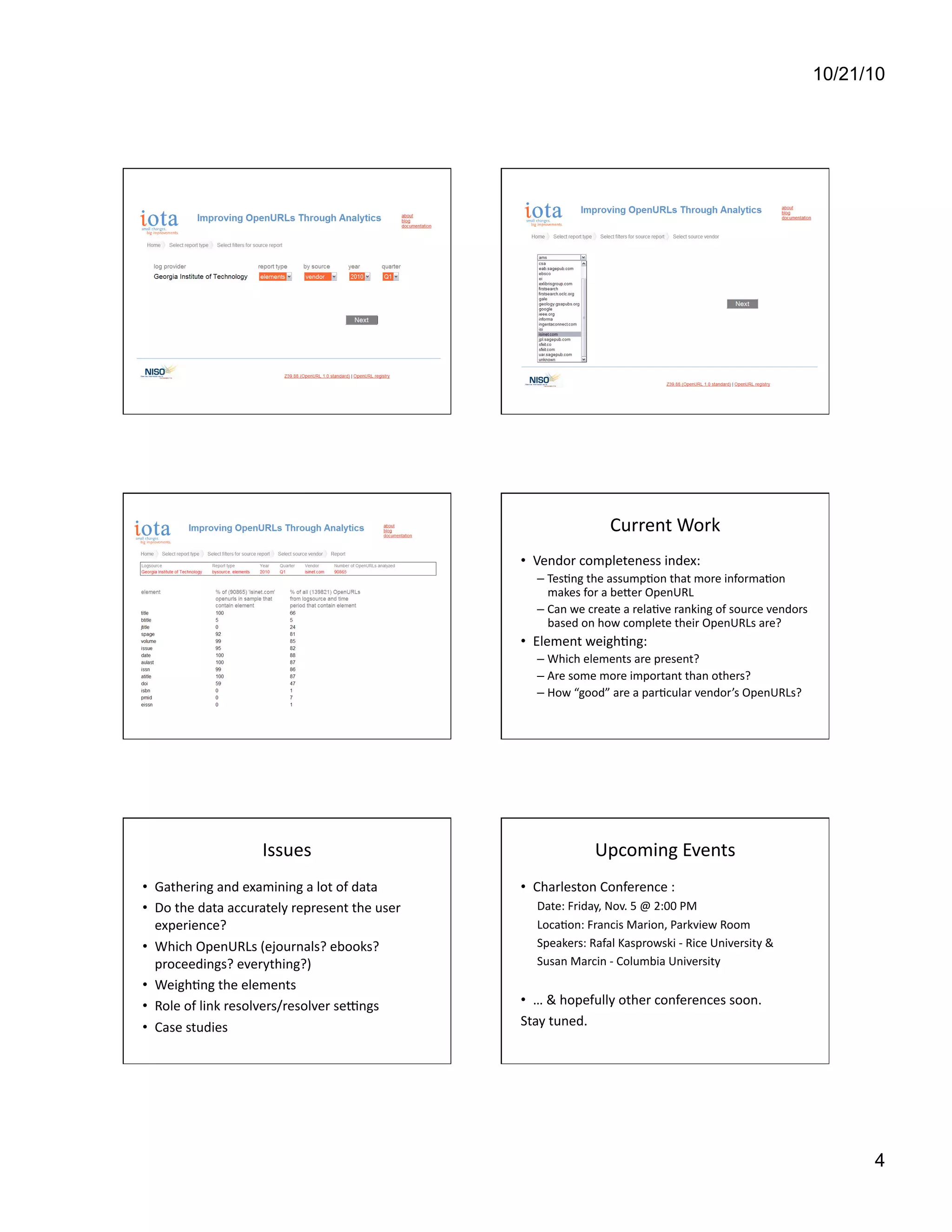 10/21/10
4
Current	
  Work	
  
•  Vendor	
  completeness	
  index:	
  
– Tes[ng	
  the	
  assump[on	
  that	
  more	
  informa[on	
  
makes	
  for	
  a	
  beaer	
  OpenURL	
  
– Can	
  we	
  create	
  a	
  rela[ve	
  ranking	
  of	
  source	
  vendors	
  
based	
  on	
  how	
  complete	
  their	
  OpenURLs	
  are?	
  
•  Element	
  weigh[ng:	
  	
  
– Which	
  elements	
  are	
  present?	
  	
  
– Are	
  some	
  more	
  important	
  than	
  others?	
  
– How	
  “good”	
  are	
  a	
  par[cular	
  vendor’s	
  OpenURLs?	
  
Issues	
  
•  Gathering	
  and	
  examining	
  a	
  lot	
  of	
  data	
  
•  Do	
  the	
  data	
  accurately	
  represent	
  the	
  user	
  
experience?	
  
•  Which	
  OpenURLs	
  (ejournals?	
  ebooks?	
  
proceedings?	
  everything?)	
  
•  Weigh[ng	
  the	
  elements	
  
•  Role	
  of	
  link	
  resolvers/resolver	
  selngs	
  
•  Case	
  studies	
  
Upcoming	
  Events	
  
•  Charleston	
  Conference	
  :	
  
Date:	
  Friday,	
  Nov.	
  5	
  @	
  2:00	
  PM	
  	
  
Loca[on:	
  Francis	
  Marion,	
  Parkview	
  Room	
  	
  
Speakers:	
  Rafal	
  Kasprowski	
  -­‐	
  Rice	
  University	
  &	
  	
  
Susan	
  Marcin	
  -­‐	
  Columbia	
  University	
  
•  …	
  &	
  hopefully	
  other	
  conferences	
  soon.	
  	
  	
  	
  
Stay	
  tuned.	
  
 