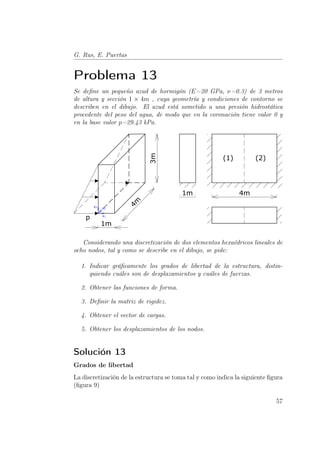 G. Rus, E. Puertas 
Problema 13 
Se define un pequeño azud de hormigón (E=20 GPa, ν=0.3) de 3 metros 
de altura y sección 1 × 4m , cuya geometría y condiciones de contorno se 
describen en el dibujo. El azud está sometido a una presión hidrostática 
procedente del peso del agua, de modo que en la coronación tiene valor 0 y 
en la base valor p=29.43 kPa. 
Considerando una discretización de dos elementos hexaédricos lineales de 
ocho nodos, tal y como se describe en el dibujo, se pide: 
1. Indicar gráficamente los grados de libertad de la estructura, distin-guiendo 
cuáles son de desplazamientos y cuáles de fuerzas. 
2. Obtener las funciones de forma. 
3. Definir la matriz de rigidez. 
4. Obtener el vector de cargas. 
5. Obtener los desplazamientos de los nodos. 
Solución 13 
Grados de libertad 
La discretización de la estructura se toma tal y como indica la siguiente figura 
(figura 9) 
57 
 