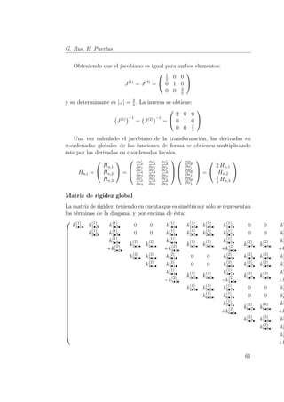 G. Rus, E. Puertas 
Obteniendo que el jacobiano es igual para ambos elementos: 
J(1) = J(2) = 
 
 
1 
2 0 0 
0 1 0 
0 0 3 
2 
 
 
y su determinante es |J| = 3 
4 . La inversa se obtiene: 
¡ 
J(1)¢−1 
= 
¡ 
J(2)¢−1 
= 
 
 
2 0 0 
0 1 0 
0 0 2 
3 
 
 
Una vez calculado el jacobiano de la transformación, las derivadas en 
coordenadas globales de las funciones de forma se obtienen multiplicando 
éste por las derivadas en coordenadas locales. 
Hn,i = 
 
 
Hn,1 
Hn,2 
Hn,3 
 
 = 
 
 
@x′ 
1 
@x1 
@x′ 
2 
@x1 
@x′ 
3 
@x1 
@x′ 
1 
@x2 
@x′ 
2 
@x2 
@x′ 
3 
@x2 
@x′ 
1 
@x3 
@x′ 
2 
@x3 
@x′ 
3 
@x3 
 
 
 
 
@Hn 
@x′ 
1 
@Hn 
@x′ 
2 
@Hn 
@x′ 
3 
 
 
= 
 
 
2Hn,1 
Hn,2 
2 
3 Hn,3 
 
 
Matriz de rigidez global 
La matriz de rigidez, teniendo en cuenta que es simétrica y sólo se representan 
los términos de la diagonal y por encima de ésta: 
 
 
k(1) 
1•1• k(1) 
1•2• k(1) 
1•3• 0 0 k(1) 
1•4• k(1) 
1•5• k(1) 
1•6• k(1) 
1•7• 0 0 k(1 
k(1) 
2•2• k(1) 
2•3• 0 0 k(1) 
2•4• k(1) 
2•5• k(1) 
2•6• k(1) 
2•7• 0 0 k(2 
k(1) 
3•3• 
+k(2) 
2•2• 
k(2) 
2•3• k(2) 
2•4• 
k(1) 
3•4• 
+k(2) 
2•1• 
k(1) 
3•5• k(1) 
3•6• 
k(1) 
3•7• 
+k(2) 
2•6• 
k(2) 
2•7• k(2) 
2•8• 
k(3 
+k 
k(2) 
3•3• k(2) 
3•4• k(2) 
3•1• 0 0 k(2) 
3•6• k(2) 
3•7• k(2) 
3•8• k(3 
k(2) 
4•4• k(2) 
4•1• 0 0 k(2) 
4•6• k(2) 
4•7• k(2) 
4•8• k(4 
k(1) 
4•4• 
+k(2) 
1•1• 
k(1) 
4•5• k(1) 
4•6• 
k(1) 
4•7• 
+k(2) 
1•6• 
k(2) 
1•7• k(2) 
1•8• 
k(4 
+k 
5•7• 0 0 k(5 
k(1) 
5•5• k(1) 
5•6• k(1) 
k(1) 
6•6• k(1) 
6•7• 0 0 k(6 
k(1) 
7•7• 
+k(2) 
6•6• 
k(2) 
6•7• k(8) 
6•8• 
k(7 
+k 
k(2) 
7•7• k(2) 
7•8• k(7 
k(2) 
8•8• k(8 
k(8 
+k 
61 
 