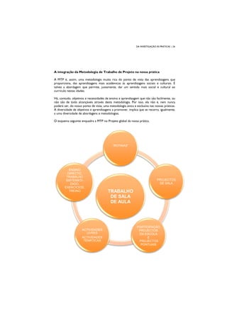 DA INVESTIGAÇÃO ÀS PRÁTICAS | 26
A integração da Metodologia de Trabalho de Projeto na nossa prática
A MTP é, assim, uma metodologia muito rica do ponto de vista das aprendizagens que
proporciona, das aprendizagens mais académicas às aprendizagens sociais e culturais. É
talvez a abordagem que permite, justamente, dar um sentido mais social e cultural ao
currículo nestas idades.
Há, contudo, objetivos e necessidades de ensino e aprendizagem que não são facilmente, ou
não são de todo alcançáveis através desta metodologia. Por isso, ela não é, nem nunca
poderá ser, do nosso ponto de vista, uma metodologia única e exclusiva nas nossas práticas.
A diversidade de objetivos e aprendizagens a promover, implica que se recorra, igualmente,
a uma diversidade de abordagens e metodologias.
O esquema seguinte enquadra a MTP no Projeto global da nossa prática.
TRABALHO
DE SALA
DE AULA
“ROTINAS”
PROJECTOS
DE SALA
PARTICIPAÇÃO
PROJECTOS
DA ESCOLA
E
PROJECTOS
PONTUAIS
ACTIVIDADES
LIVRES
ACTIVIDADES
TEMÁTICAS
ENSINO
DIRECTO,
TRABALHO
SISTEMATI-
ZADO,
EXERCÍCIOS,
TREINO
 