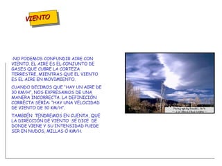 VIENTO -NO PODEMOS CONFUNDIR AIRE CON VIENTO. EL AIRE ES EL CONJUNTO DE GASES QUE CUBRE LA CORTEZA TERRESTRE, MIENTRAS QUE EL VIENTO ES EL AIRE EN MOVIMIENTO. CUANDO DECIMOS QUE “HAY UN AIRE DE 30 KM/H”, NOS EXPRESAMOS DE UNA MANERA INCORRECTA. LA DEFINICIÓN CORRECTA SERÍA: “HAY UNA VELOCIDAD DE VIENTO DE 30 KM/H”. TAMBIÉN  TENDREMOS EN CUENTA, QUE LA DIRECCIÓN DE VIENTO  SE DICE  DE DONDE VIENE Y SU INTENSIDAD PUEDE SER EN NUDOS, MILLAS Ó KM/H. 