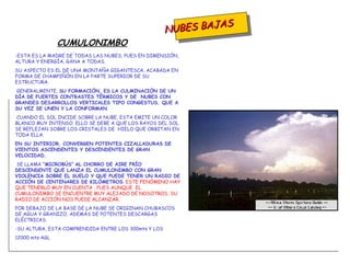 NUBES BAJAS ESTA ES LA MADRE DE TODAS LAS NUBES, PUES EN DIMENSIÓN, ALTURA Y ENERGÍA, GANA A TODAS. SU ASPECTO ES EL DE UNA MONTAÑA GIGANTESCA, ACABADA EN FORMA DE CHAMPIÑÓN EN LA PARTE SUPERIOR DE SU ESTRUCTURA. GENERALMENTE,  SU FORMACIÓN, ES LA CULMINACIÓN DE UN DÍA DE FUERTES CONTRASTES TÉRMICOS Y DE  NUBES CON  GRANDES DESARROLLOS VERTICALES TIPO CONGESTUS, QUE A SU VEZ SE UNEN Y LA CONFORMAN . CUANDO EL SOL INCIDE SOBRE LA NUBE, ESTA EMITE UN COLOR BLANCO MUY INTENSO. ELLO SE DEBE A QUE LOS RAYOS DEL SOL SE REFLEJAN SOBRE LOS CRISTALES DE  HIELO QUE ORBITAN EN TODA ELLA. EN SU INTERIOR, CONVERGEN POTENTES CIZALLADURAS DE VIENTOS ASCENDENTES Y DESCENDENTES DE GRAN VELOCIDAD , SE LLAMA  “MICROBÚS”   AL CHORRO DE AIRE FRÍO DESCENDENTE QUE LANZA EL CUMULONIMBO CON GRAN VIOLENCIA SOBRE EL SUELO Y QUE PUEDE TENER UN RADIO DE ACCIÓN DE CENTENARES DE KILÓMETROS .  ESTE FENÓMENO HAY QUE TENERLO MUY EN CUENTA , PUES AUNQUE  EL CUMULONIMBO SE ENCUENTRE MUY ALEJADO DE NOSOTROS, SU RADIO DE ACCIÓN NOS PUEDE ALCANZAR . POR DEBAJO DE LA BASE DE LA NUBE SE ORIGINAN CHUBASCOS DE AGUA Y GRANIZO, ADEMÁS DE POTENTES DESCARGAS ELÉCTRICAS. -SU ALTURA, ESTA COMPRENDIDA ENTRE LOS 300mts Y LOS  12000 mts AGL . CUMULONIMBO 