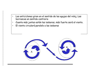 Los anticiclones giran en el sentido de las agujas del reloj. Las borrascas en sentido contrario Cuanto más juntas están las isobaras, más fuerte será el viento.  El viento circulará paralelo a las isobaras 