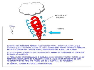 EL PROCESO DE  ACTIVIDAD TÉRMICA  FUE EXPLICADO PARA LA BRISA DE MAR. POR LO QUE SABEMOS QUE ESTAS MASAS DE AIRE CALIENTE,  SE ORIGINAN POR UN CONTRASTE TÉRMICO ENTRE LOS DISTINTOS TIPOS DE SUELO, DEPENDIENDO DEL ALBEDO QUE POSEAN . ESTAS COLUMNAS DE AIRE CALIENTE ASCENDENTES,  VARIAN EN FUNCIÓN DE LO CERCA QUE ESTEMOS DE SU NÚCLEO . SU  FORMA  PUEDE SER EN  COLUMNAS O BURBUJAS , MÁS O MENOS POTENTES Y ESTRECHAS.  SU PERIFERIA GENERALMENTE ES TURBULENTA ,  DEBIDO A QUE CONSTANTEMENTE SE ESTA REALIMENTANDO DE AIRE MÁS FRESCO QUE SE ENCUENTRA A SU ALREDEDOR . LA TÉRMICA, SE PUEDE MATERIALIZAR EN UNA NUBE .  VIENTO MASA DE AIRE CALIENTE  