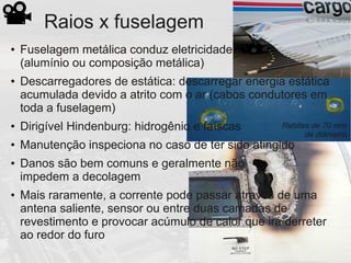 Raios x fuselagem
Rebites de 70 mm
de diâmetro
● Fuselagem metálica conduz eletricidade
(alumínio ou composição metálica)
● Descarregadores de estática: descarregar energia estática
acumulada devido a atrito com o ar (cabos condutores em
toda a fuselagem)
● Dirigível Hindenburg: hidrogênio e faíscas
● Manutenção inspeciona no caso de ter sido atingido
● Danos são bem comuns e geralmente não
impedem a decolagem
● Mais raramente, a corrente pode passar através de uma
antena saliente, sensor ou entre duas camadas de
revestimento e provocar acúmulo de calor que irá derreter
ao redor do furo
 