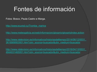 Fontes de información
Fotos: Bosco, Paula Castro e Marga.
http://www.ecured.cu/Tromba_marina
http://www.meteogalicia.es/web/informacion/glosario/glosarioIndex.action
http://www.vtelevision.es/informativos/historiasdeltiempo/2014/06/12/0031_
3618906953001.htm?utm_source=buscador&utm_medium=buscador
http://www.vtelevision.es/informativos/historiasdeltiempo/2016/04/13/0031_
4844031465001.htm?utm_source=buscador&utm_medium=buscador
 