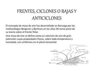 FRENTES, CICLONES O BAJAS Y
ANTICICLONES
El concepto de masa de aire fue desarrollado en Noruega por los
meteorólogos Bergeron y Bjerknes en los años 20 como parte de
su teoría sobre el Frente Polar.
Una masa de aire se define como un volumen de aire de gran
extensión cuyas propiedades físicas, sobre todo temperatura y
humedad, son uniformes en el plano horizontal.
 
