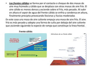 • Los frentes cálidos se forma por el contacto o choque de dos masas de
aire muy húmedo y cálido que se desplaza con otras masas de aire frío. El
aire cálido es menos denso y asciende sobre el frío, más pesado. Al subir
en altura el vapor de agua del frente cálido se enfría y condensa en altura,
finalmente precipita provocando lloviznas y lluvias moderadas
En este caso una masa de aire caliente empuja una masa de aire frío. El aire
frío es más pesado y adopta una forma de cuña por debajo del aire caliente
que asciende siguiendo la especie de rampa que constituye la línea frontal.
 