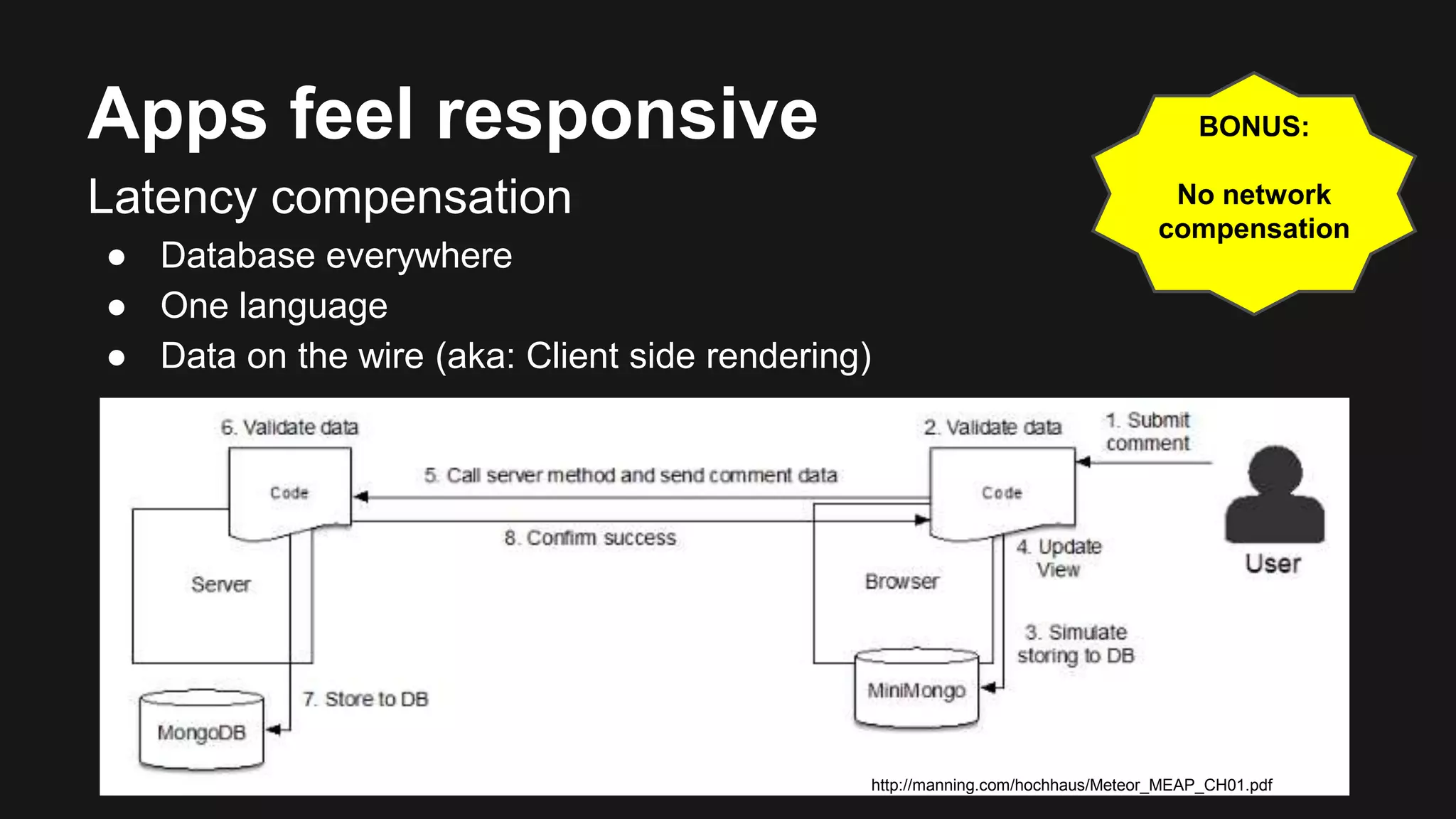 Apps feel responsive 
Latency compensation 
● Database everywhere 
● One language 
● Data on the wire (aka: Client side rendering) 
BONUS: 
No network 
compensation 
http://manning.com/hochhaus/Meteor_MEAP_CH01.pdf 
 