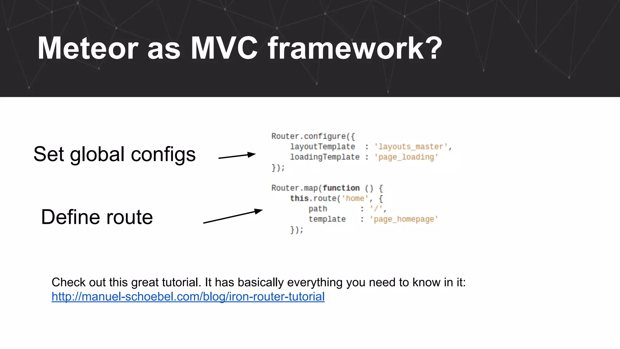 Meteor as MVC framework?
Set global configs
Define route
Check out this great tutorial. It has basically everything you need to know in it:
http://manuel-schoebel.com/blog/iron-router-tutorial
 