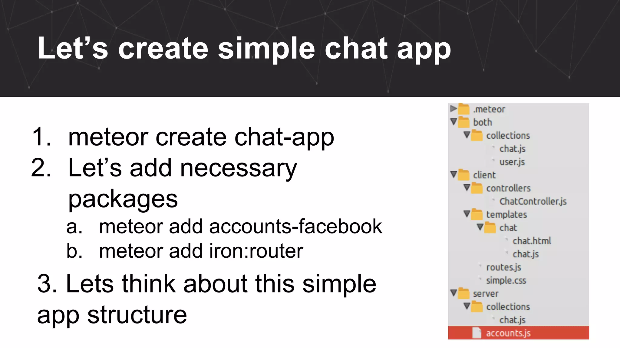 Let’s create simple chat app
1. meteor create chat-app
2. Let’s add necessary
packages
a. meteor add accounts-facebook
b. meteor add iron:router
3. Lets think about this simple
app structure
 