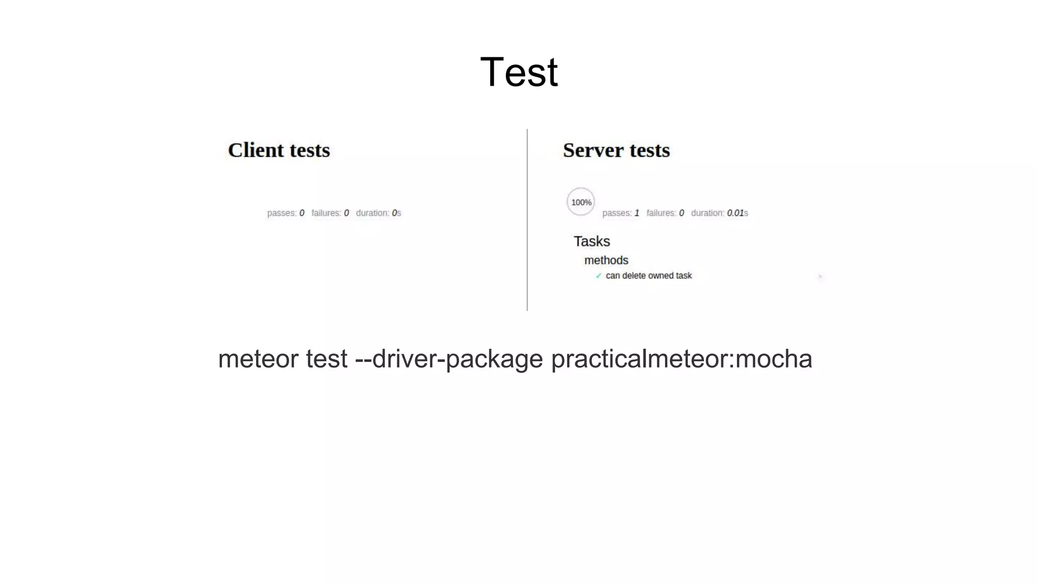 Test
meteor test --driver-package practicalmeteor:mocha
 
