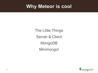12 
The Little Things 
Server & Client 
MongoDB 
Minimongo! 
Why Meteor is cool  