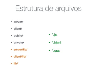 Estrutura de arquivos
• server/
• client/
• public/
• private/
• server/lib/
• client/lib/
• lib/
• *.js
• *.html
• *.css
 