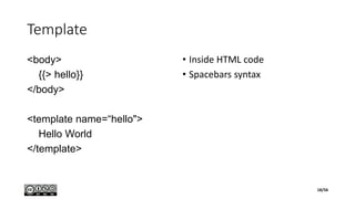 Template
<body>
{{> hello}}
</body>
<template name=“hello">
Hello World
</template>
• Inside HTML code
• Spacebars syntax
18/56
 