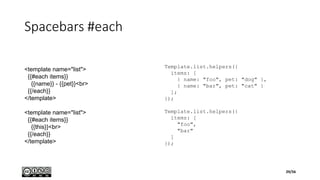 Spacebars #each
Template.list.helpers({
items: [
{ name: "foo", pet: "dog" },
{ name: "bar", pet: "cat" }
];
});
Template.list.helpers({
items: [
"foo",
"bar"
]
});
<template name="list">
{{#each items}}
{{name}} - {{pet}}<br>
{{/each}}
</template>
<template name="list">
{{#each items}}
{{this}}<br>
{{/each}}
</template>
29/56
 