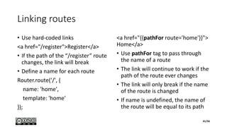 Linking routes
• Use hard-coded links
<a href="/register">Register</a>
• If the path of the “/register” route
changes, the link will break
• Define a name for each route
Router.route('/', {
name: 'home',
template: 'home'
});
<a href="{{pathFor route='home'}}">
Home</a>
• Use pathFor tag to pass through
the name of a route
• The link will continue to work if the
path of the route ever changes
• The link will only break if the name
of the route is changed
• If name is undefined, the name of
the route will be equal to its path
41/56
 