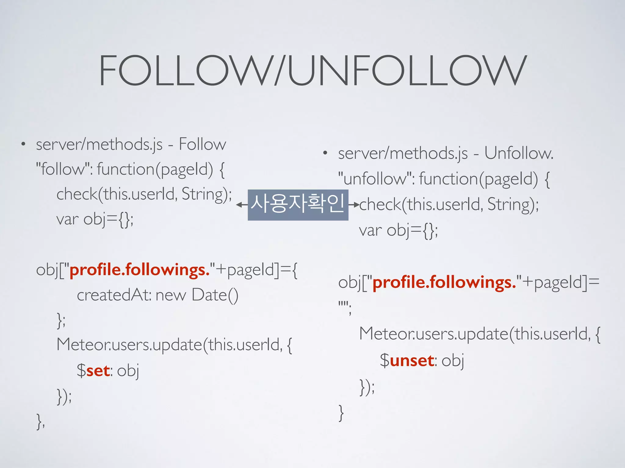 FOLLOW/UNFOLLOW
• server/methods.js - Follow 
"follow": function(pageId) { 
check(this.userId, String); 
var obj={}; 
obj["proﬁle.followings."+pageId]={ 
createdAt: new Date() 
}; 
Meteor.users.update(this.userId, { 
$set: obj 
}); 
},
• server/methods.js - Unfollow. 
"unfollow": function(pageId) { 
check(this.userId, String); 
var obj={}; 
obj["proﬁle.followings."+pageId]=
""; 
Meteor.users.update(this.userId, { 
$unset: obj 
}); 
}
사용자확인
 