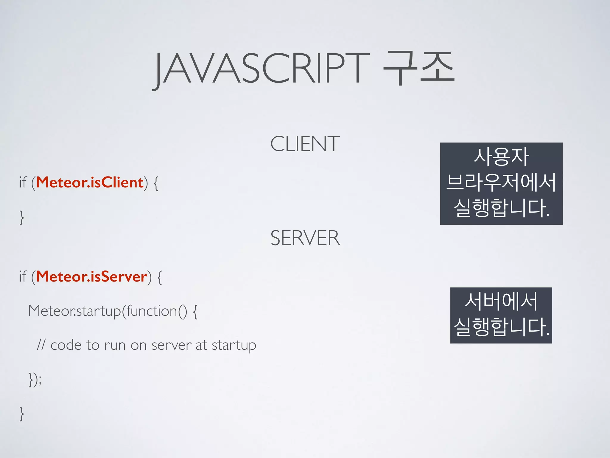 JAVASCRIPT 구조
CLIENT
if (Meteor.isClient) {
}
SERVER
if (Meteor.isServer) {
Meteor.startup(function() {
// code to run on server at startup
});
}
사용자  
브라우저에서
실행합니다.
서버에서
실행합니다.
 