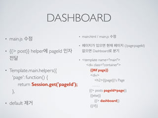 DASHBOARD
• main.js 수정
• {{> post}} helper에 pageId 인자
전달
• Template.main.helpers({ 
'page': function() { 
return Session.get('pageId'); 
},
• default 제거
• main.html / main.js 수정
• 페이지가 있으면 현재 페이지 (/page:pageId) 
없으면 Dashboard로 분기
• <template name="main"> 
<div class="container"> 
{{#if page}} 
<div> 
<h2>{{page}}'s Page 
…… 
{{> posts pageId=page}} 
{{else}} 
{{> dashboard}} 
{{/if}}
 