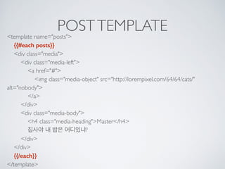POSTTEMPLATE<template name="posts"> 
{{#each posts}} 
<div class="media"> 
<div class="media-left"> 
<a href="#"> 
<img class="media-object" src="http://lorempixel.com/64/64/cats/"
alt="nobody"> 
</a> 
</div> 
<div class="media-body"> 
<h4 class="media-heading">Master</h4> 
집사야 내 밥은 어디있냐? 
</div> 
</div> 
{{/each}} 
</template>
 