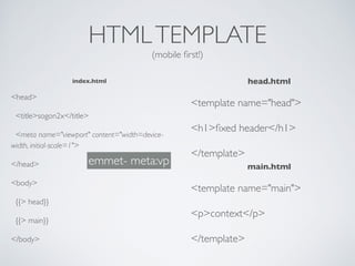 HTMLTEMPLATE
(mobile ﬁrst!)
index.html
<head>
<title>sogon2x</title>
<meta name="viewport" content="width=device-
width, initial-scale=1">
</head>
<body>
{{> head}}
{{> main}}
</body>
head.html
<template name="head">
<h1>ﬁxed header</h1>
</template>
main.html
<template name="main">
<p>context</p>
</template>
emmet- meta:vp
 