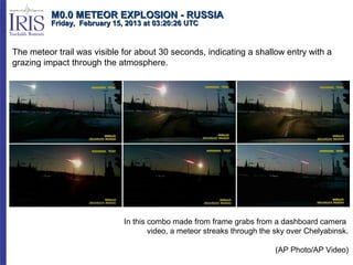 M0.0 METEOR EXPLOSION - RUSSIA
          Friday, February 15, 2013 at 03:20:26 UTC


The meteor trail was visible for about 30 seconds, indicating a shallow entry with a
grazing impact through the atmosphere.




                              In this combo made from frame grabs from a dashboard camera
                                      video, a meteor streaks through the sky over Chelyabinsk.

                                                                         (AP Photo/AP Video)
 