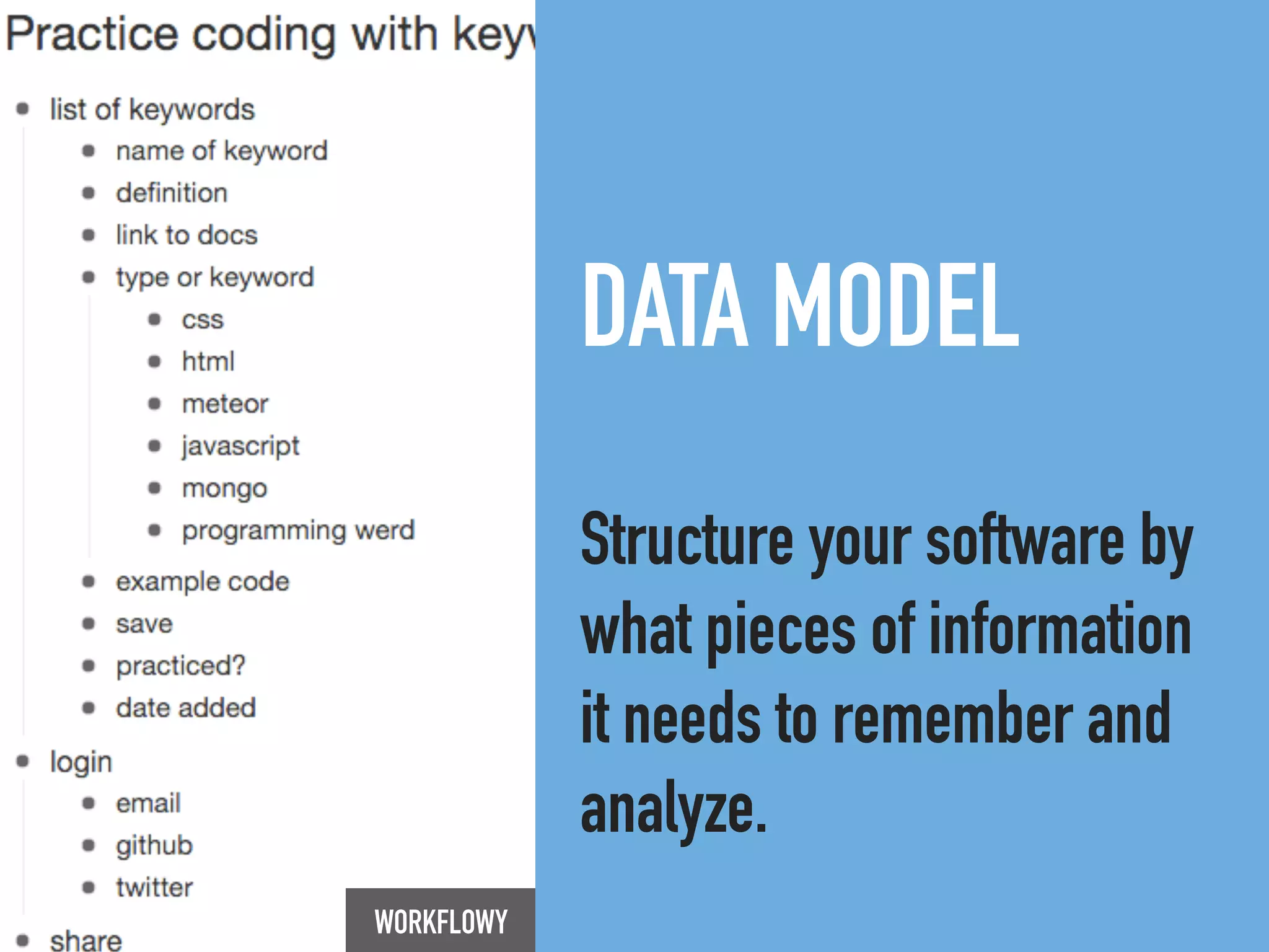 DATA MODEL
Structure your software by
what pieces of information
it needs to remember and
analyze.
WORKFLOWY
 